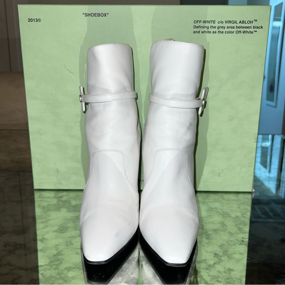🔥Off-White c/o Virgil Abloh SZ 36 White Leather Zip Tie Pointed Toe Bootie Used